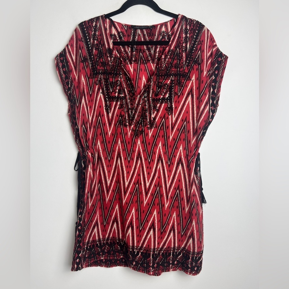 NWOT  Zara Woman Large Red & Black Aztec Print‎ Embroidered Tunic Coverup